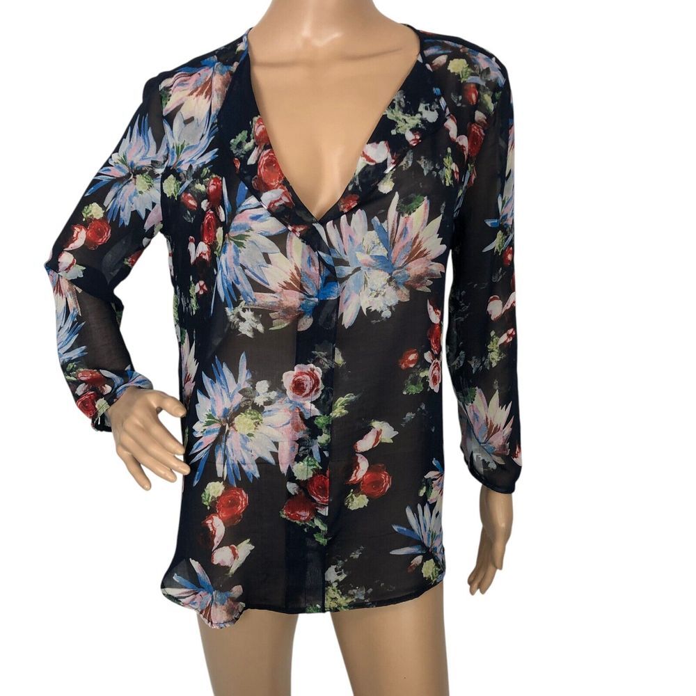 Philosophy Sheer Floral Print‎ Top Blouse V-Neck Multicolor Size M Artsy Office